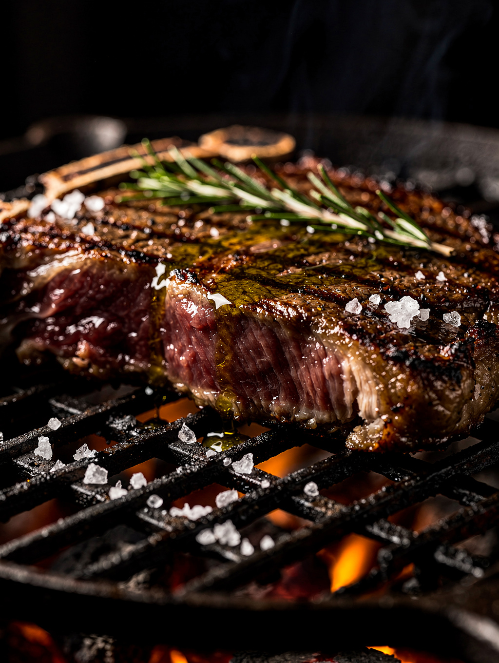 Wood-fired T-bone steak with rosemary and olive oil