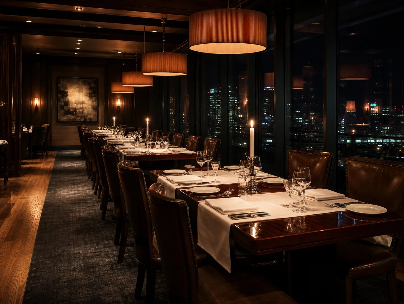Cozy candlelit dining room atmosphere at night