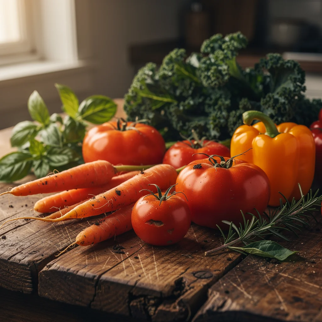 Freshly harvested seasonal vegetables and herbs from local farms