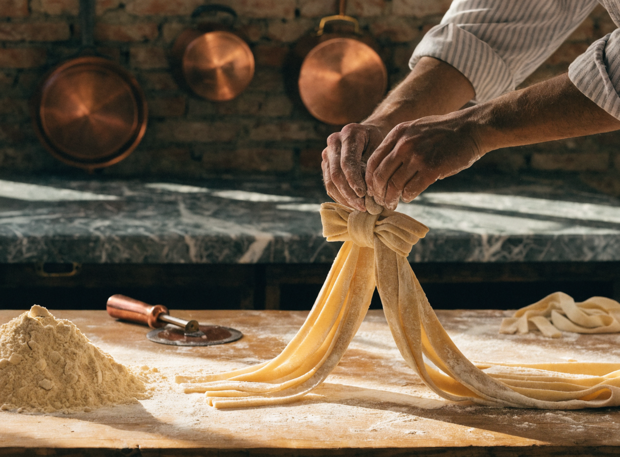 Chef hand-crafting fresh pasta in an open kitchen