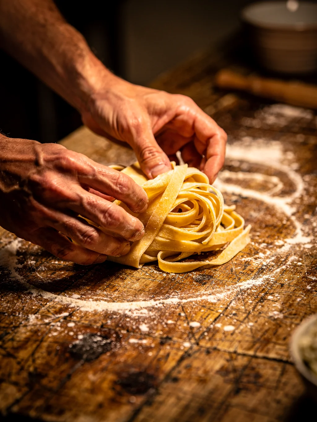 Chef hand-rolling fresh tagliatelle pasta in our open kitchen