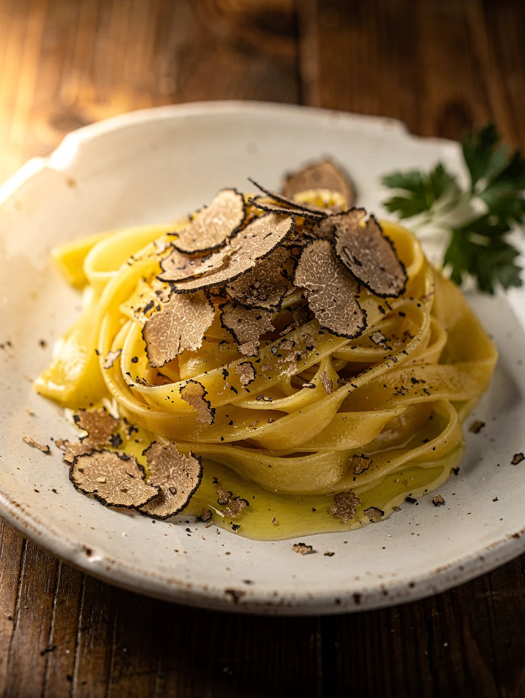 Hand-rolled tagliatelle pasta with fresh black truffle shavings