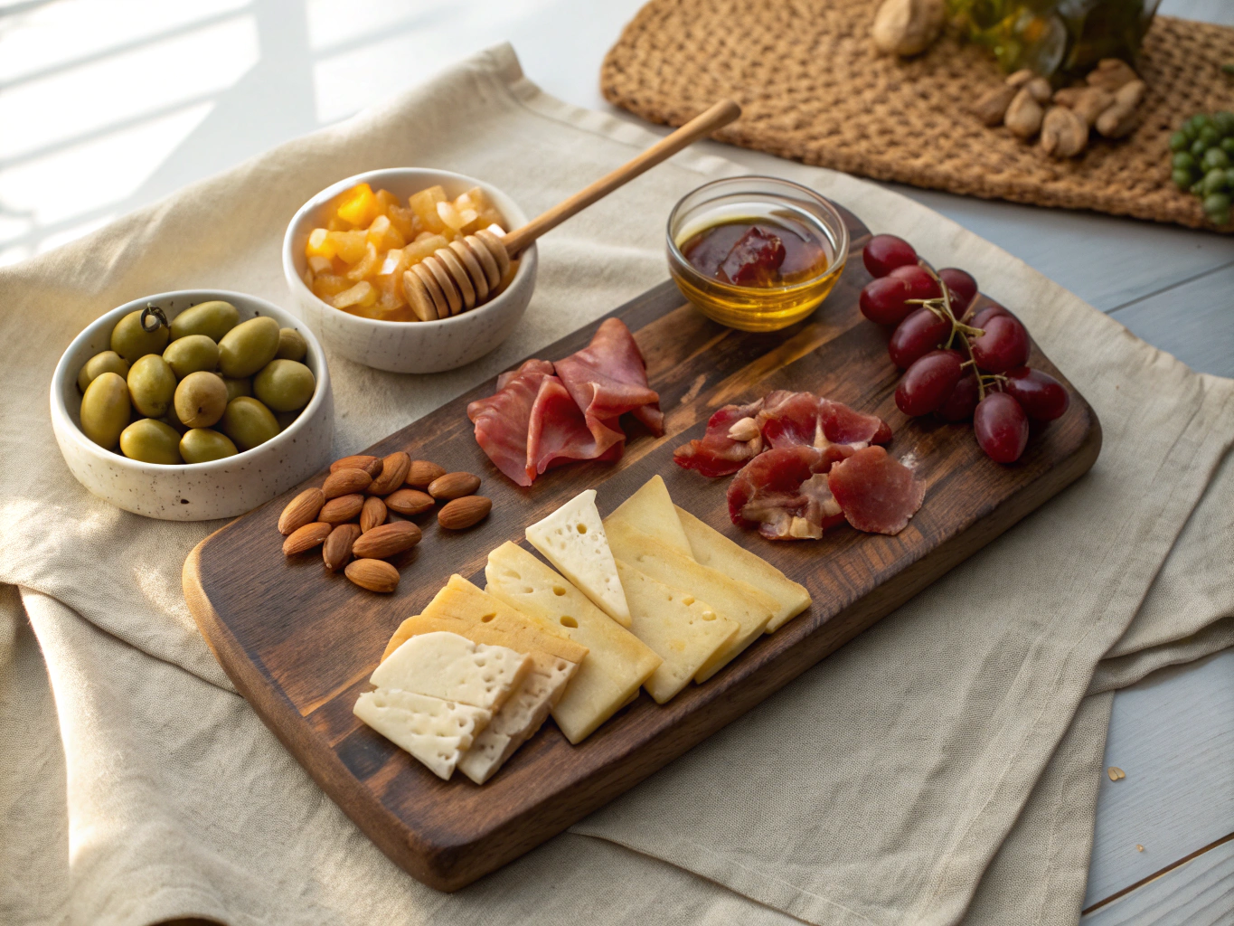 Wine and cheese board on a rustic wooden table